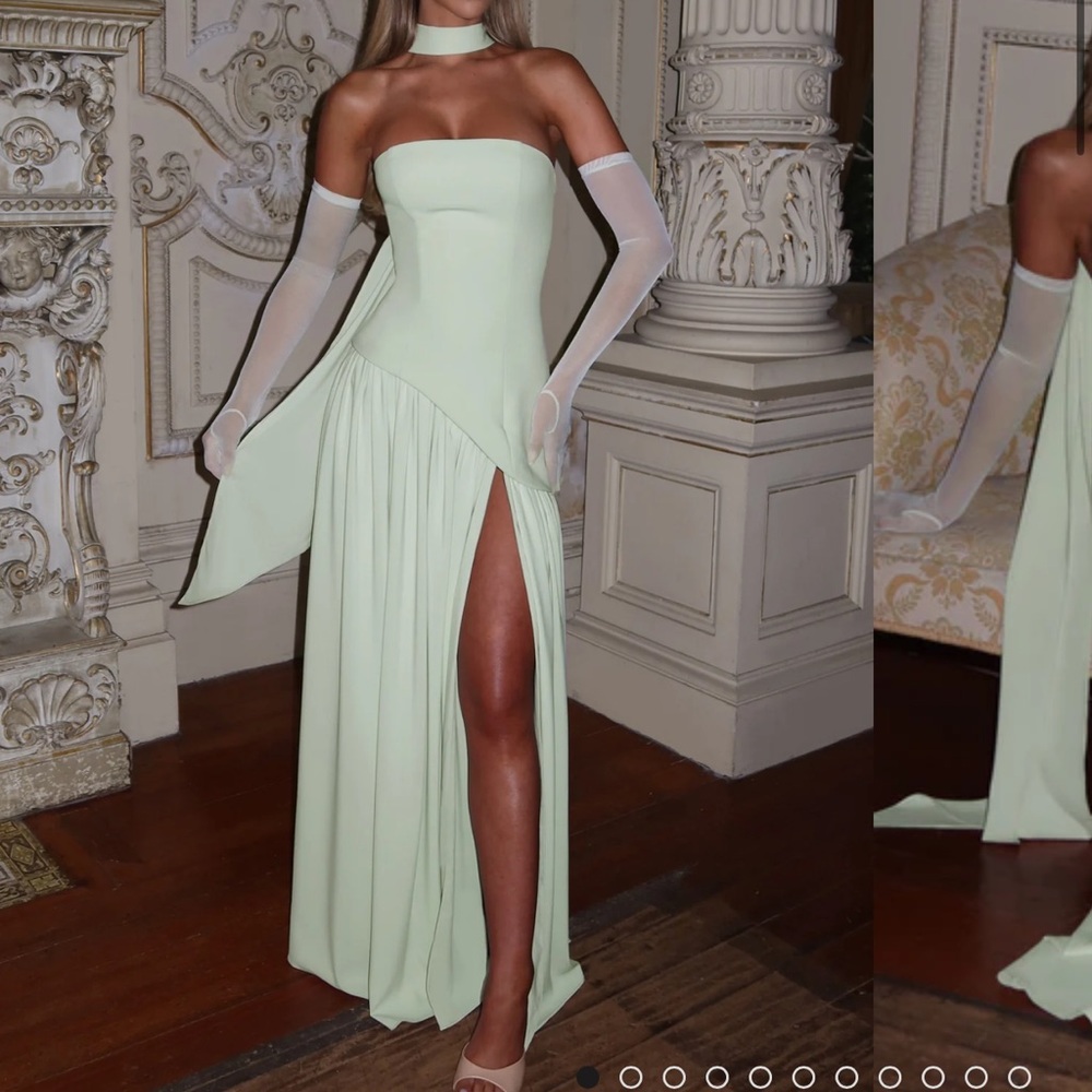 Green Strapless Slit Gown for Wedding Guest